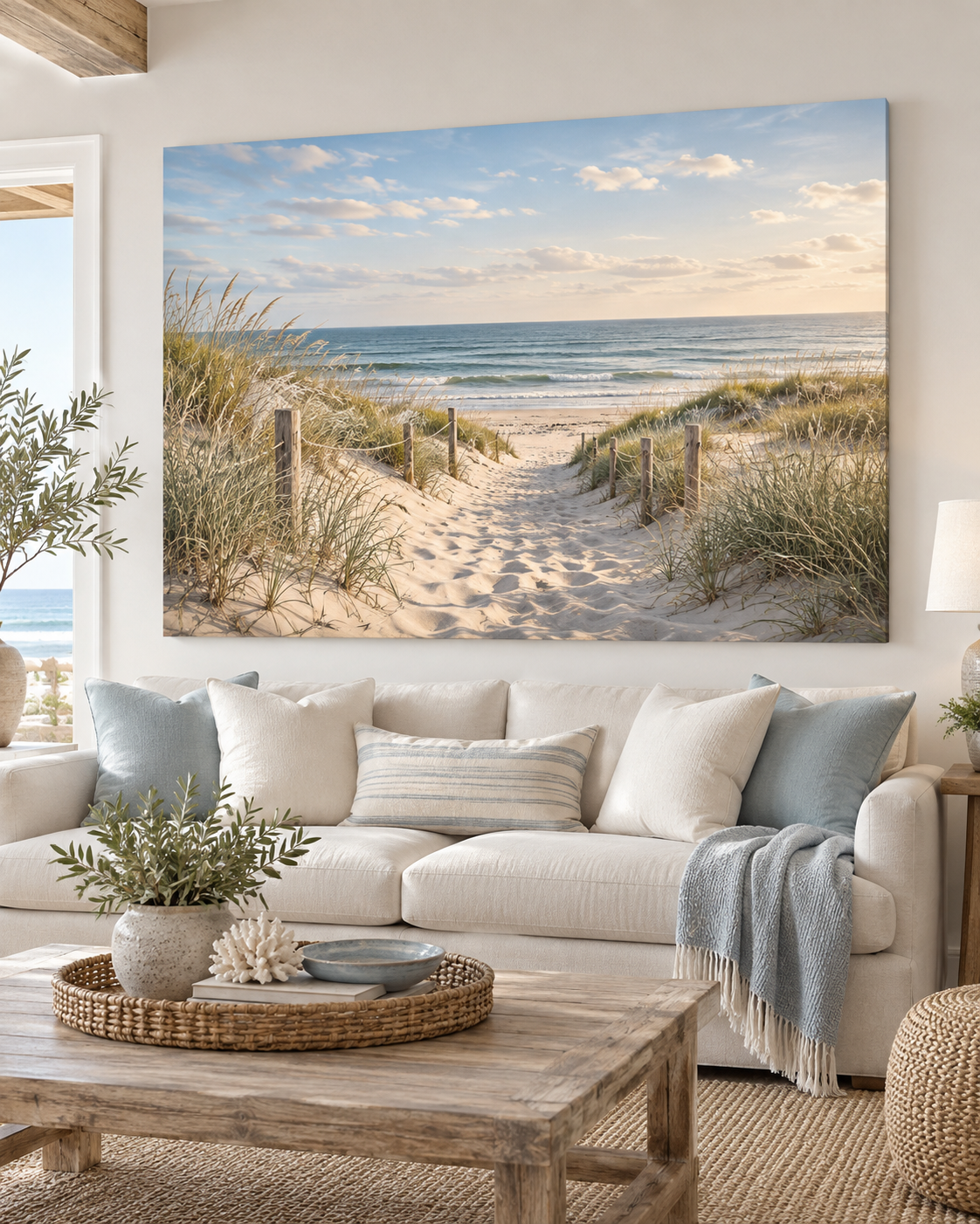 Großes Leinwandbild über einem Sofa in einem hellen Wohnzimmer