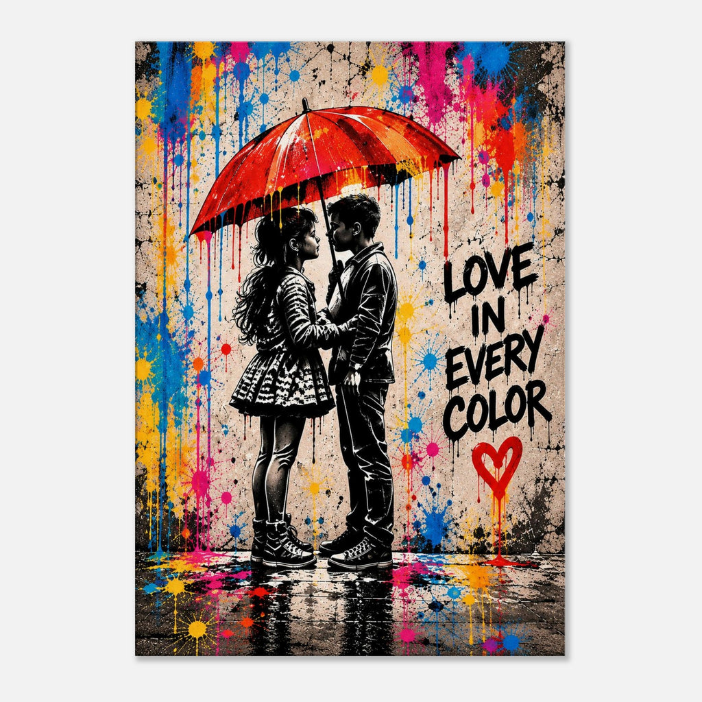 Love in Every Color Street-Art Leinwandbild mit Liebespaar und rotem Regenschirm