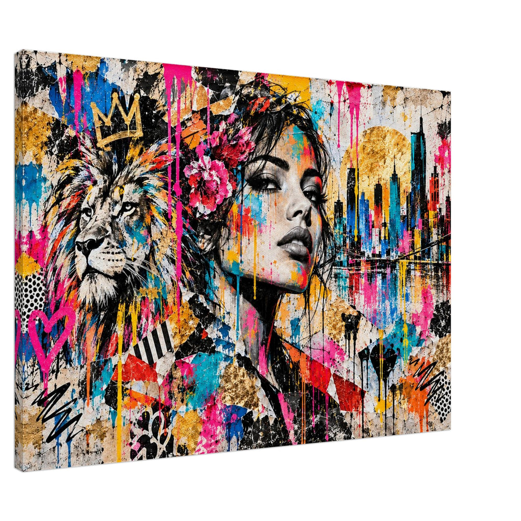 Street-Art Leinwandbild Löwe und Frau mit Skyline – Produktansicht 9