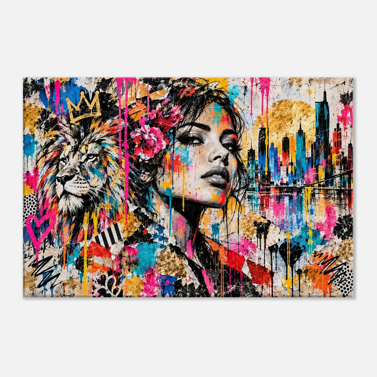 Street-Art Leinwandbild Löwe und Frau mit Skyline – Produktansicht 3