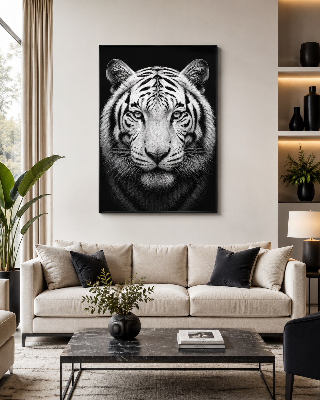 Weißer Tiger: Frontalporträt – Schwarz-Weiß-Leinwandbild, Produktansicht 3
