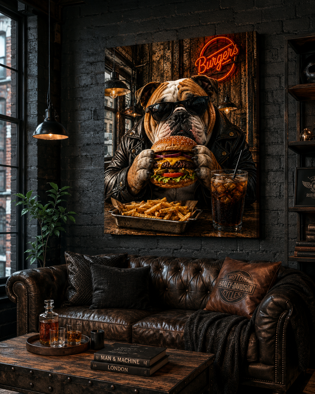 Bulldogge mit Burger und Pommes – humorvolles Leinwandbild, Produktansicht 5