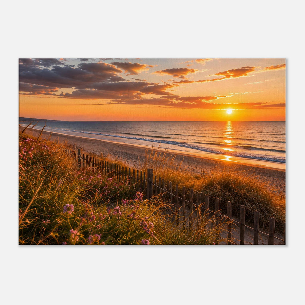 Sonnenuntergang mit Dünenblumen – Leinwandbild