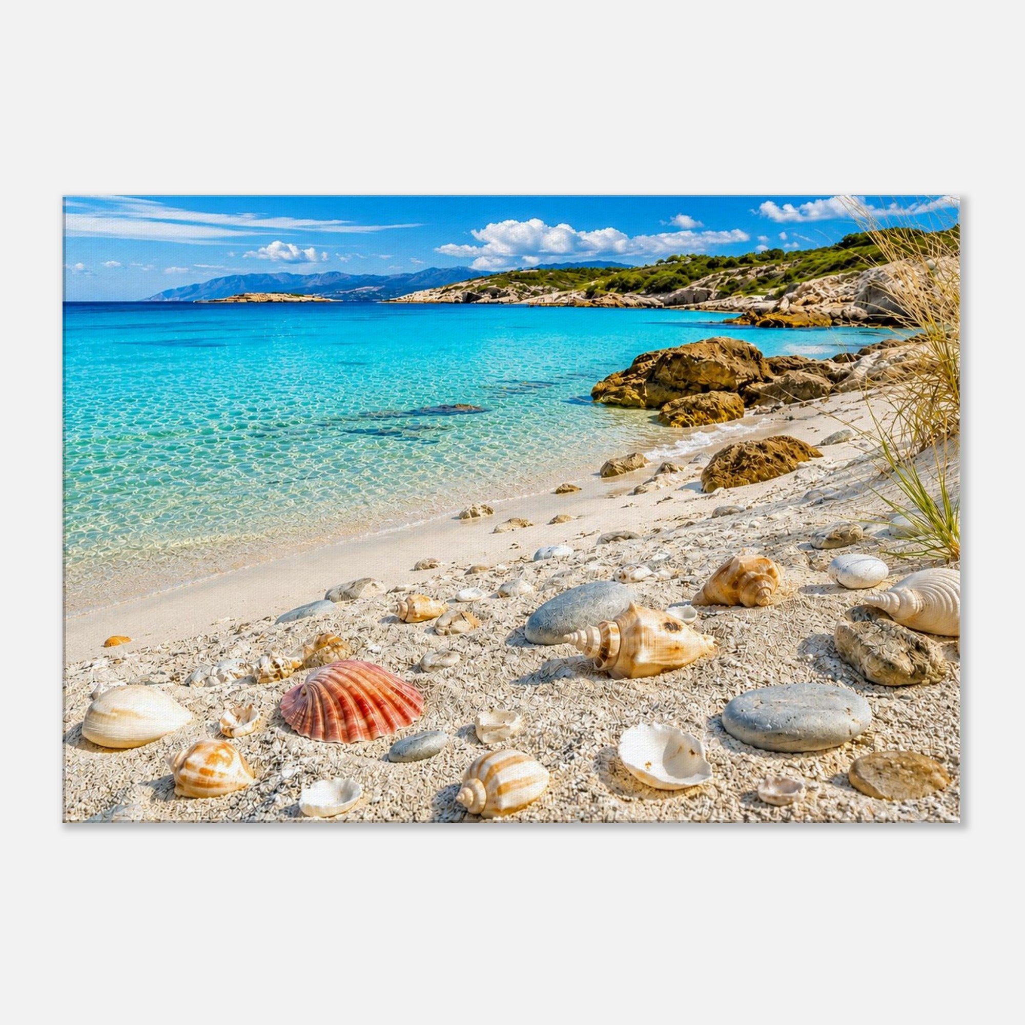 Muschelstrand mit türkisblauem Meer – Leinwandbild