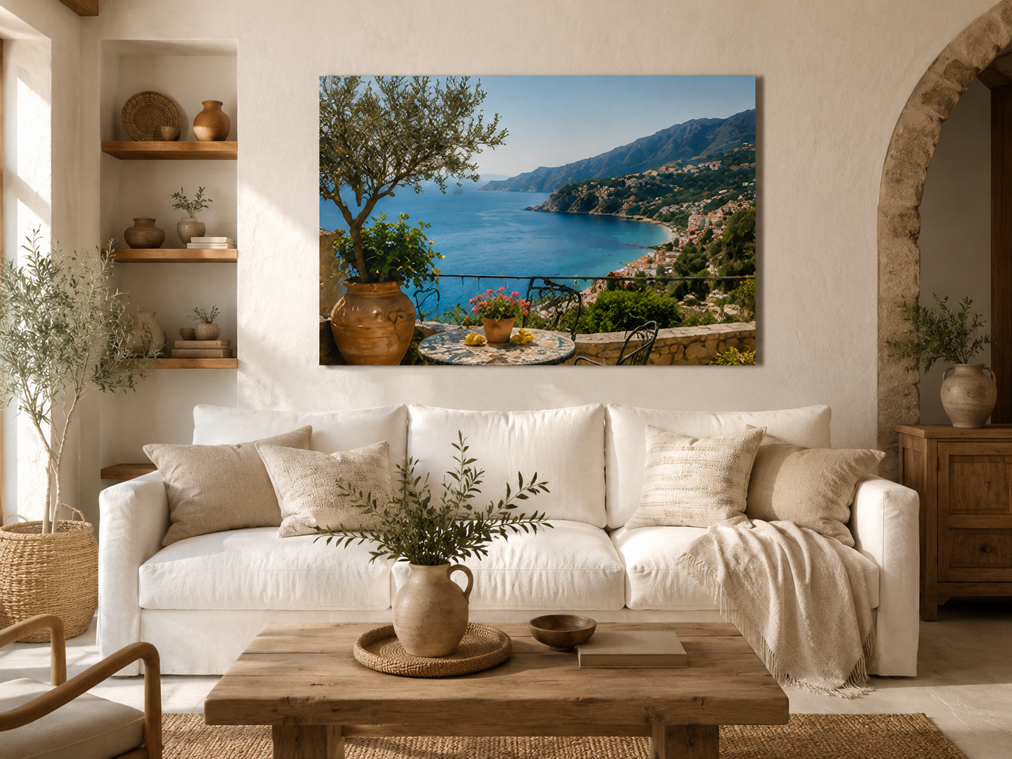 Olivenbaum-Terrasse mit Meerblick – Detailansicht des Leinwandbildes