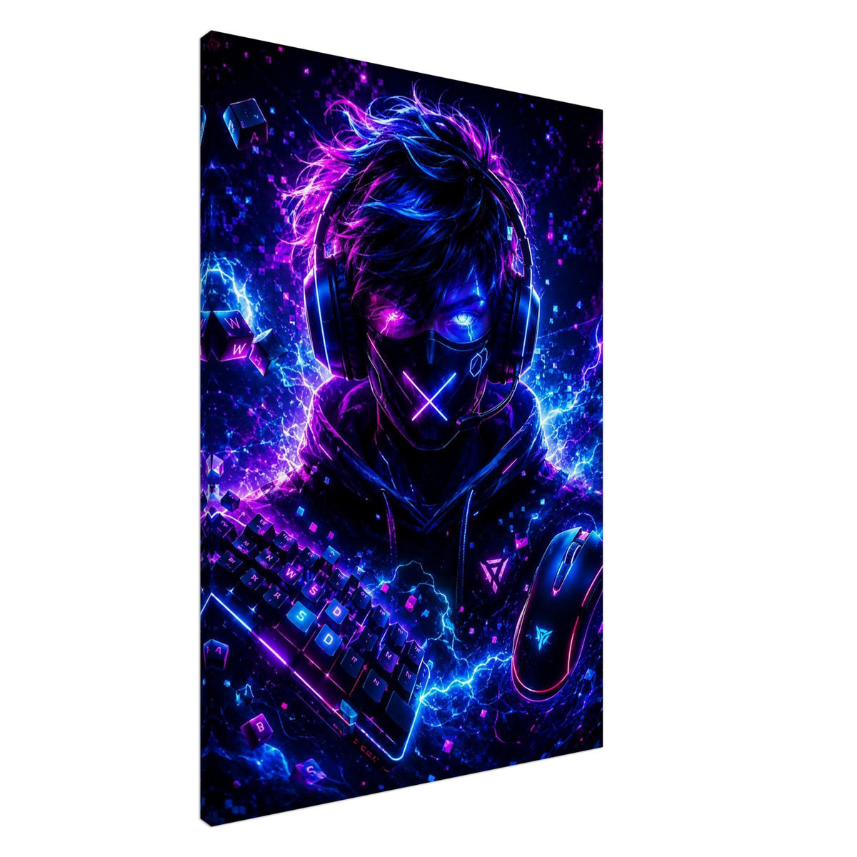 Cyber Gamer mit Headset – Neon-Leinwandbild, Produktansicht 5