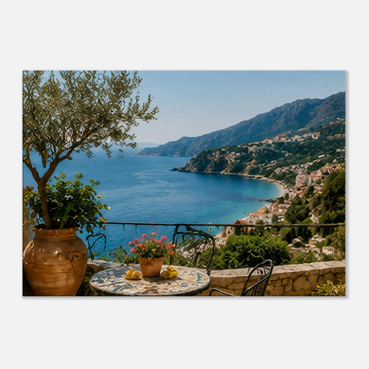 Olivenbaum-Terrasse mit Meerblick – mediterranes Leinwandbild von Motivhafen