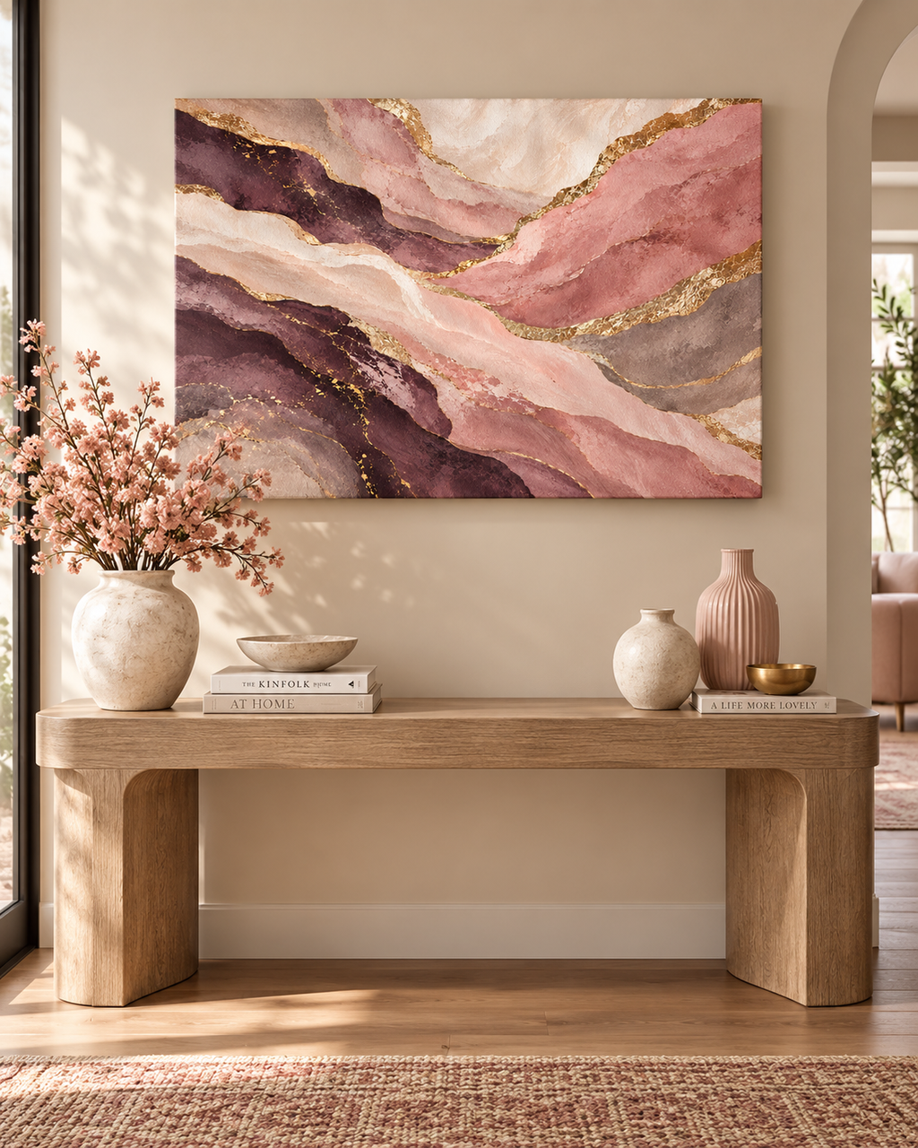 Blush & Gold – abstraktes Leinwandbild in Rosa und Plum