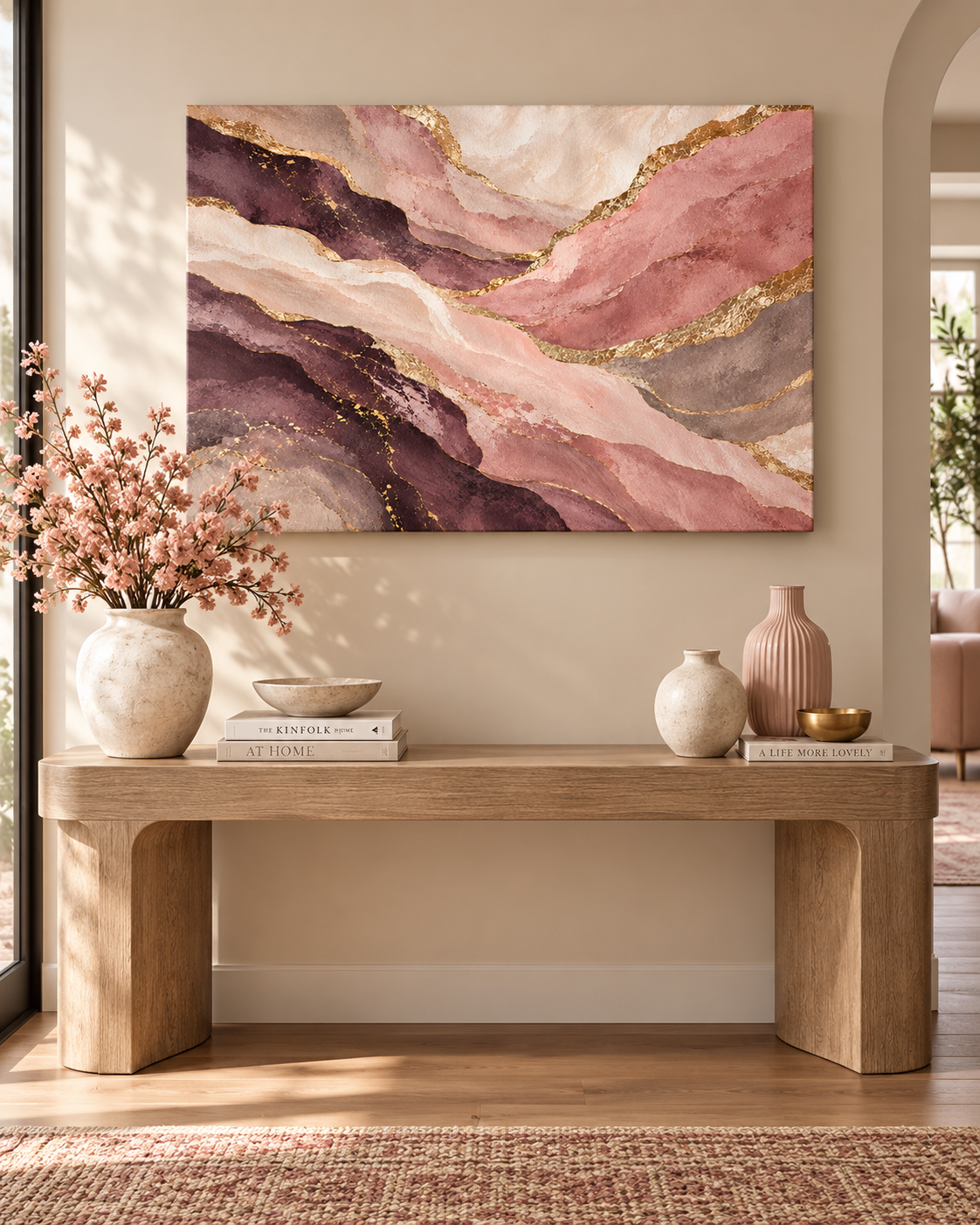 Blush & Gold – abstraktes Leinwandbild in Rosa und Plum