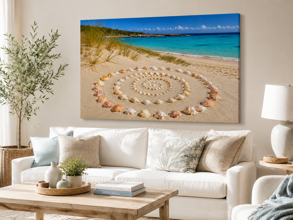 Muschelspirale am Strand – maritimes Leinwandbild, Produktansicht 3