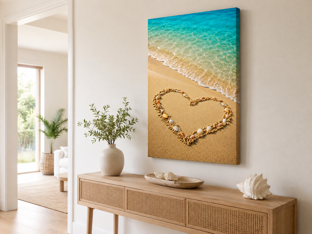 Muschelherz am Strand – maritimes Leinwandbild, Produktansicht 3