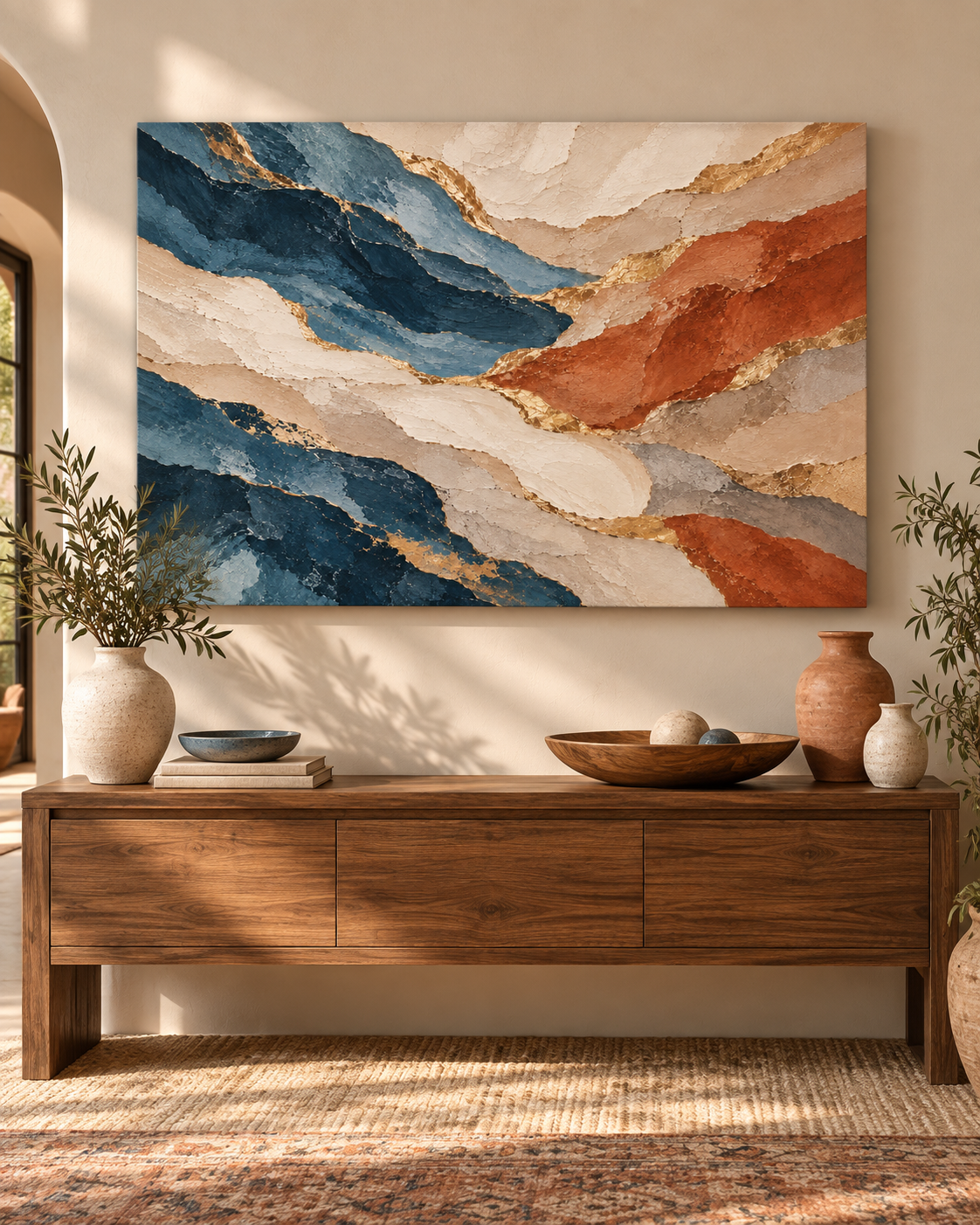 Blue & Terracotta – abstraktes Leinwandbild mit Goldakzenten