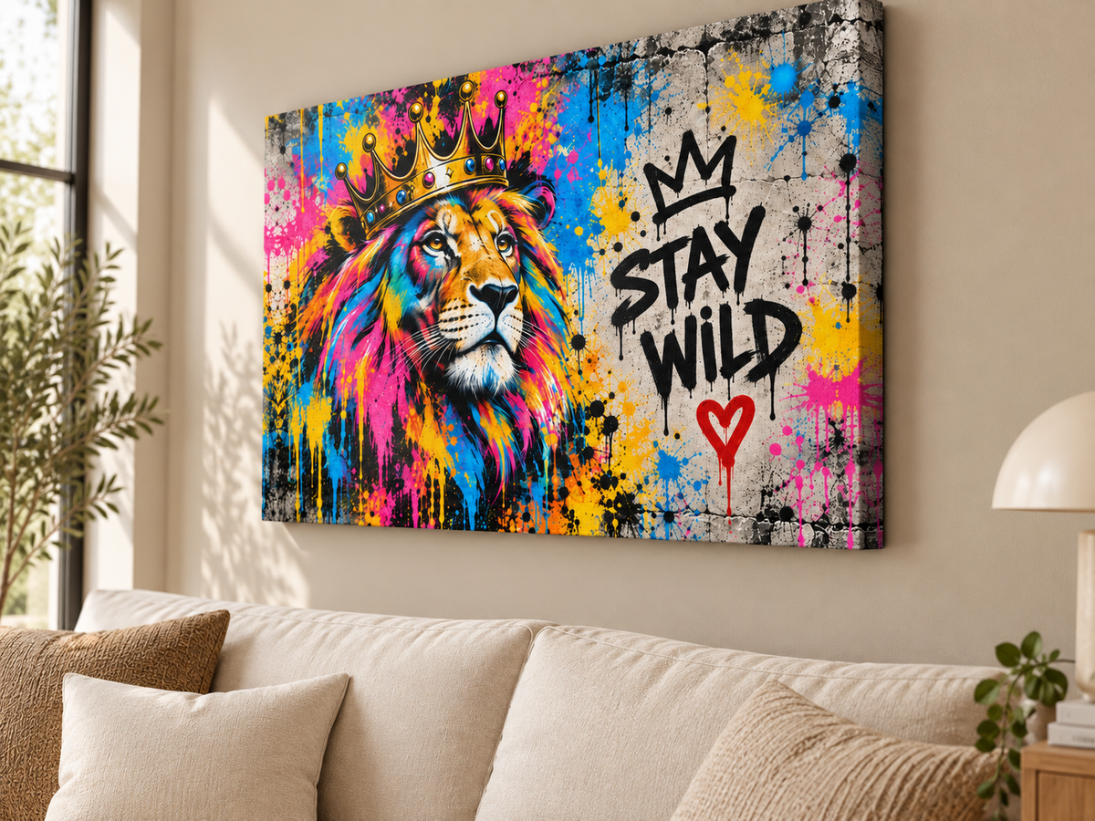 Bunter Löwe Stay Wild Leinwand – Produktansicht 10