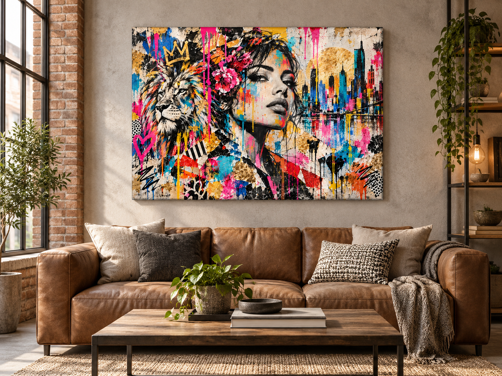 Street-Art Leinwandbild Löwe und Frau mit Skyline – Produktansicht 10
