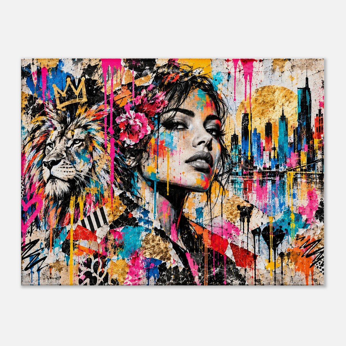 Street-Art Leinwandbild Löwe und Frau mit Skyline – Produktansicht 6