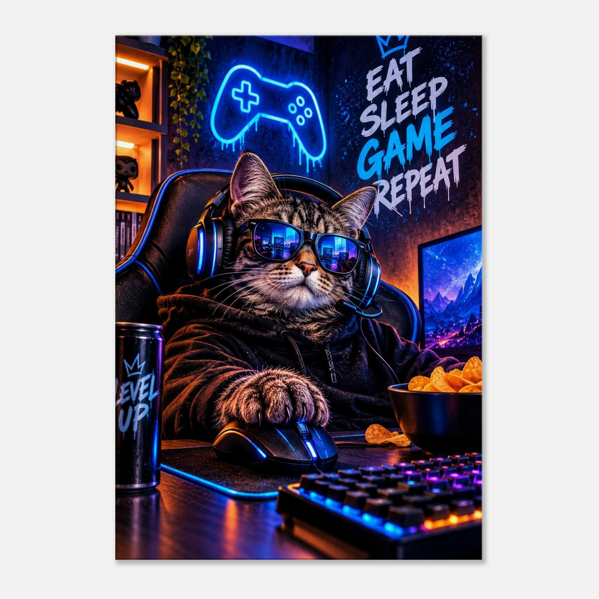 Gamer-Katze mit Headset – Neon-Leinwandbild, Produktansicht 1