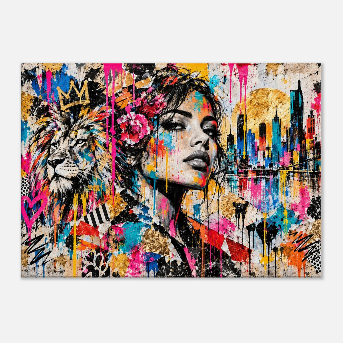 Street-Art Leinwandbild Löwe und Frau mit Skyline – Produktansicht 2