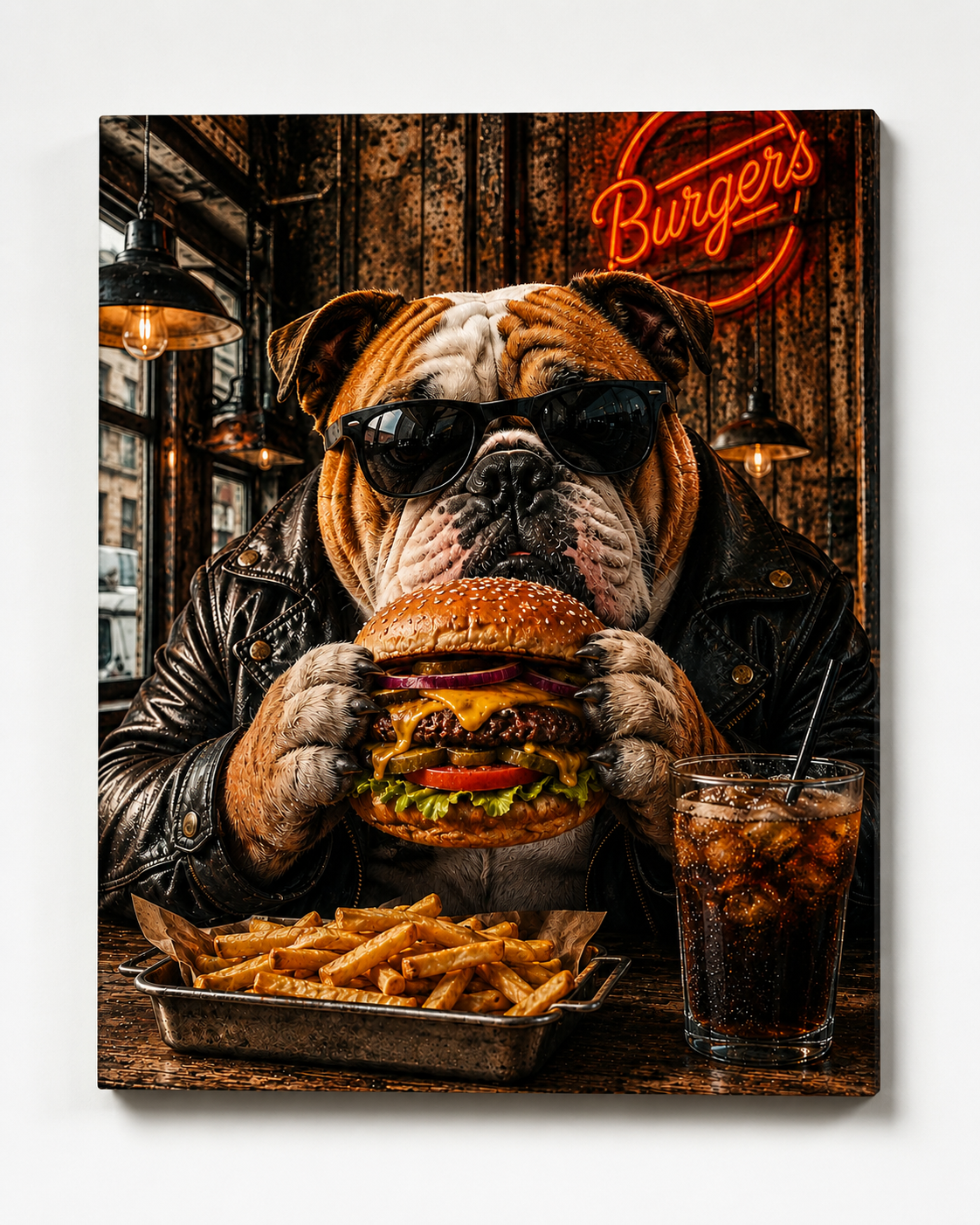 Bulldogge mit Burger und Pommes – humorvolles Leinwandbild, Produktansicht 1