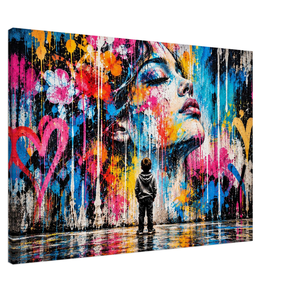 Buntes Street-Art Leinwandbild mit Kind und Frauenporträt