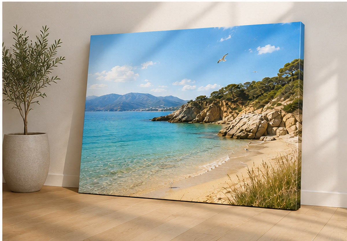 Türkisblaues Meer mit Möwen – Leinwandbild Strandbucht, Produktansicht 5