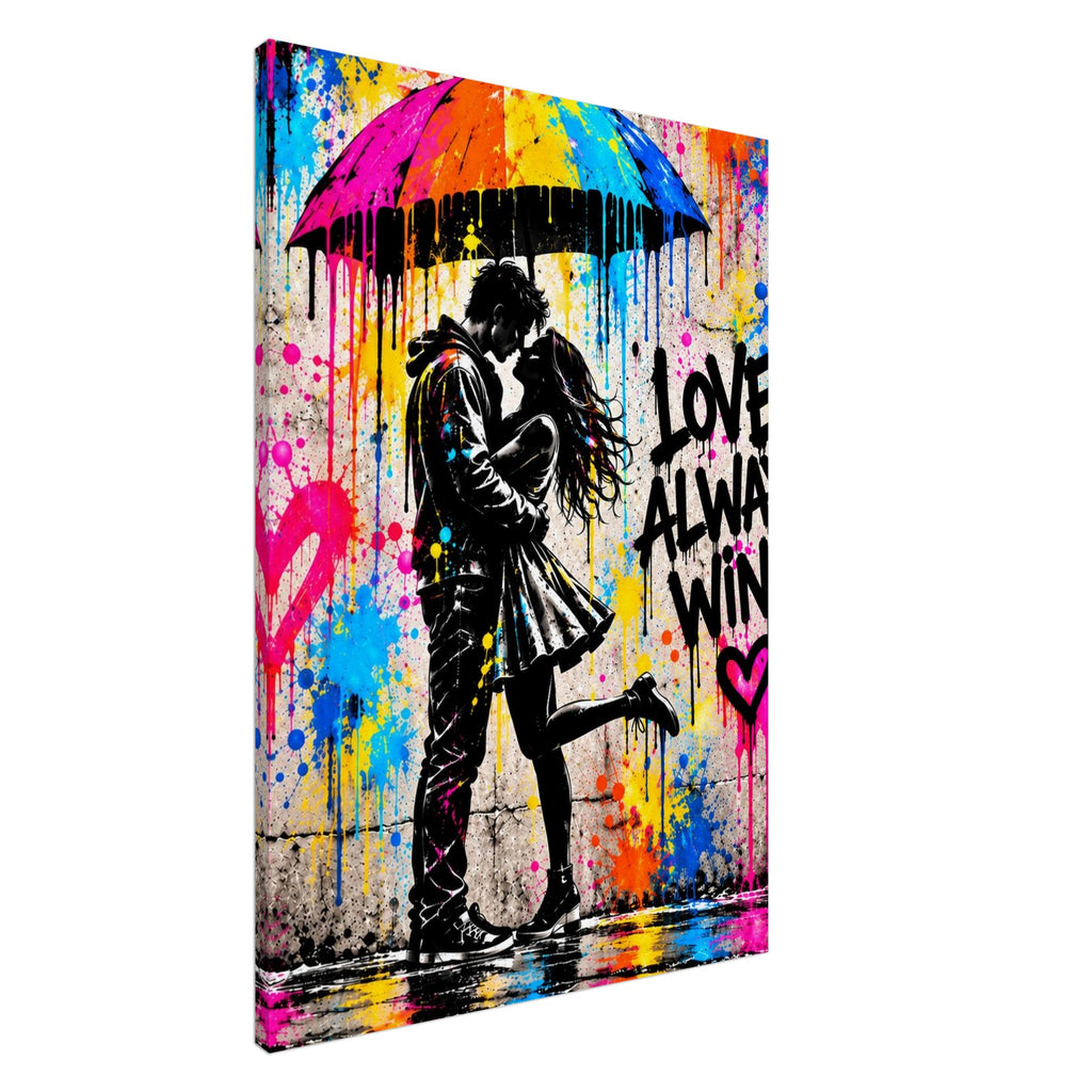 Love Always Wins Street-Art Leinwandbild mit Liebespaar und Regenschirm