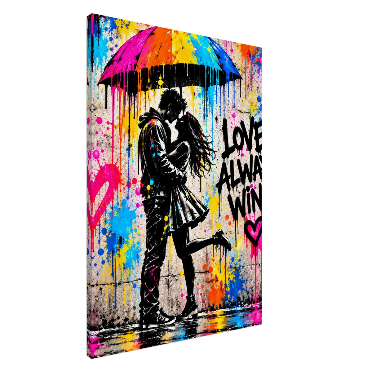 Love Always Wins Street-Art Leinwandbild mit Liebespaar und Regenschirm