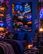 Gamer-Katze mit Headset – Neon-Leinwandbild, Produktansicht 2
