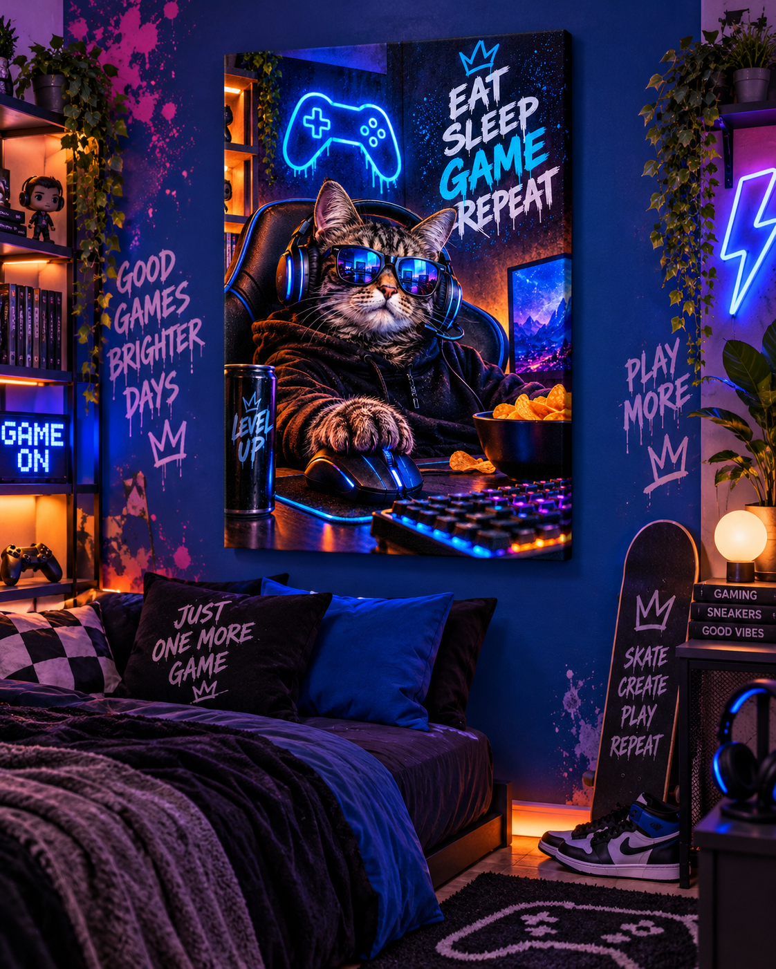 Gamer-Katze mit Headset – Neon-Leinwandbild, Produktansicht 2