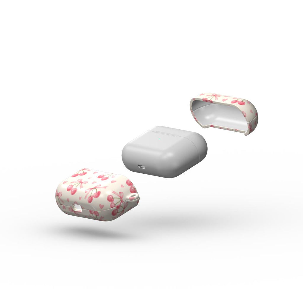 Cherry AirPods Case rosa mit Kirschen und Schleifen – Detailansicht