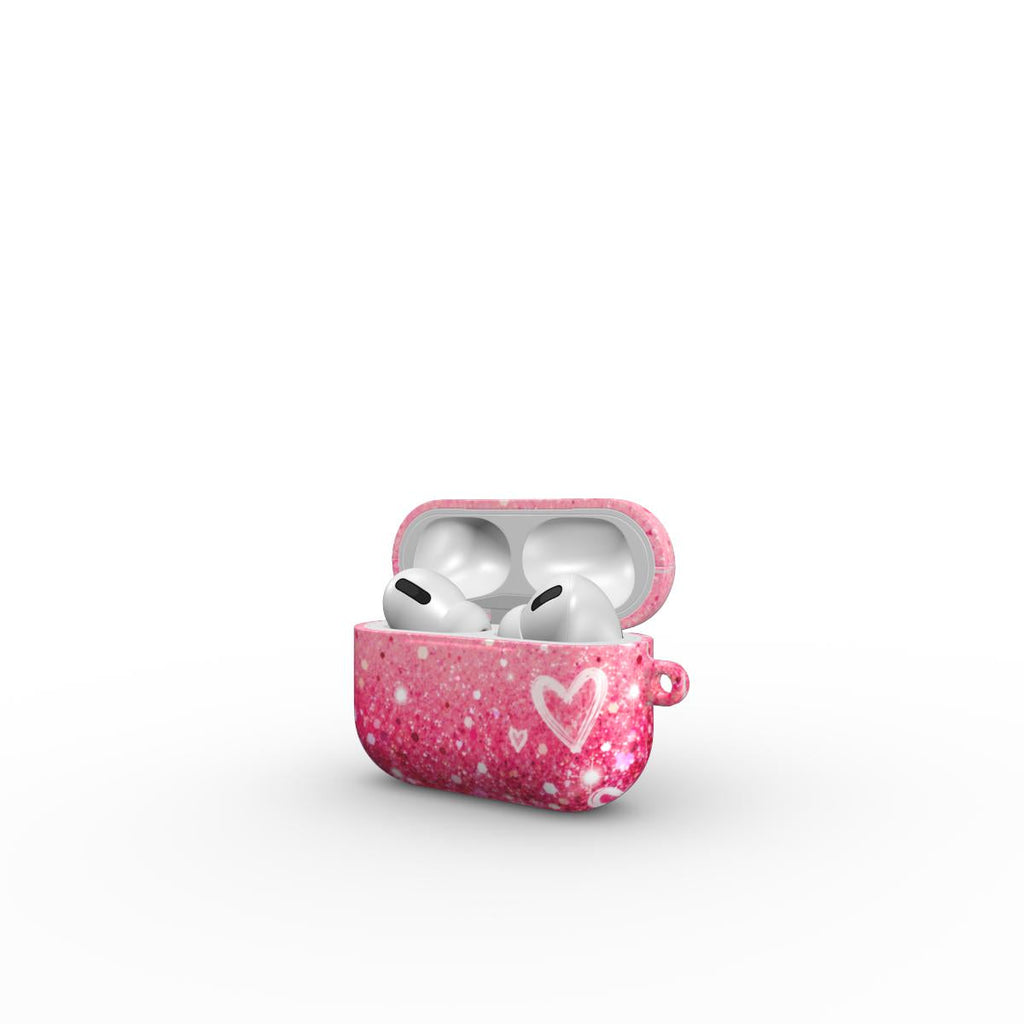 AirPods Pink Glitter Case mit Herzen Vorderansicht
