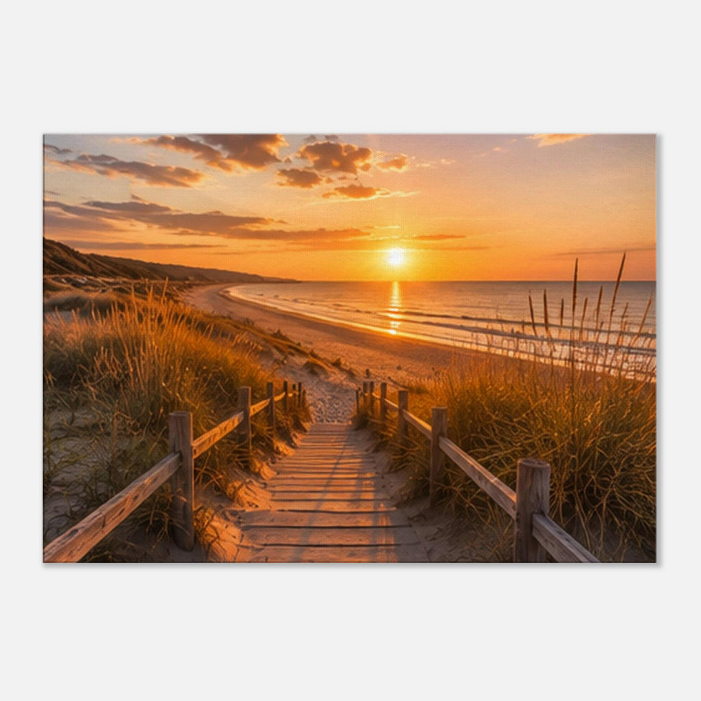 Holzsteg durch Dünen im Sonnenuntergang – Leinwandbild