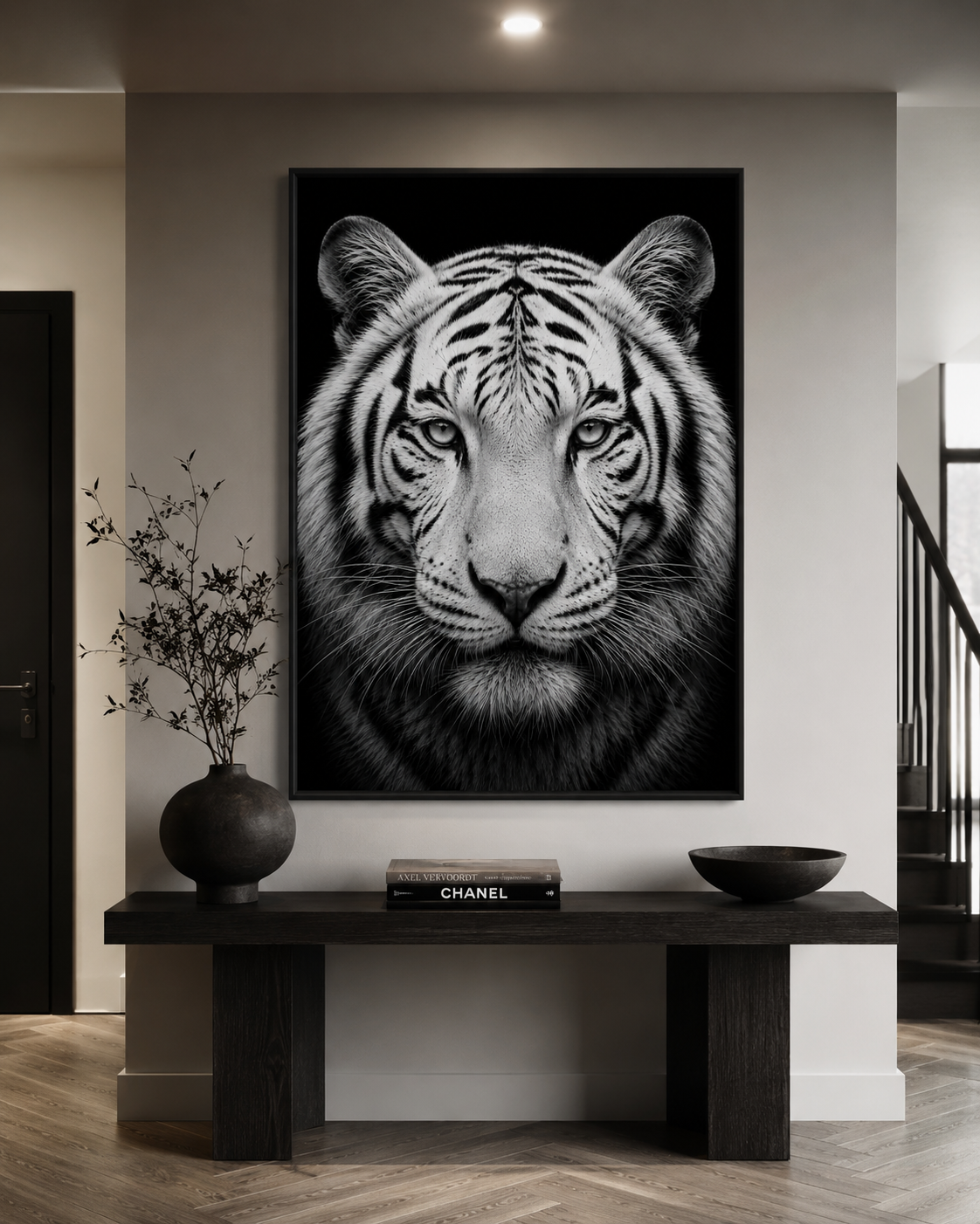 Weißer Tiger: Frontalporträt – Schwarz-Weiß-Leinwandbild, Produktansicht 2