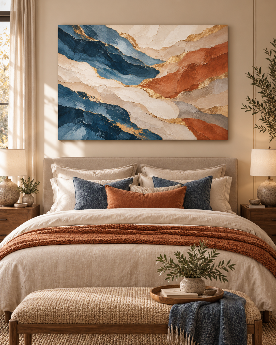 Blue & Terracotta – abstraktes Leinwandbild mit Goldakzenten