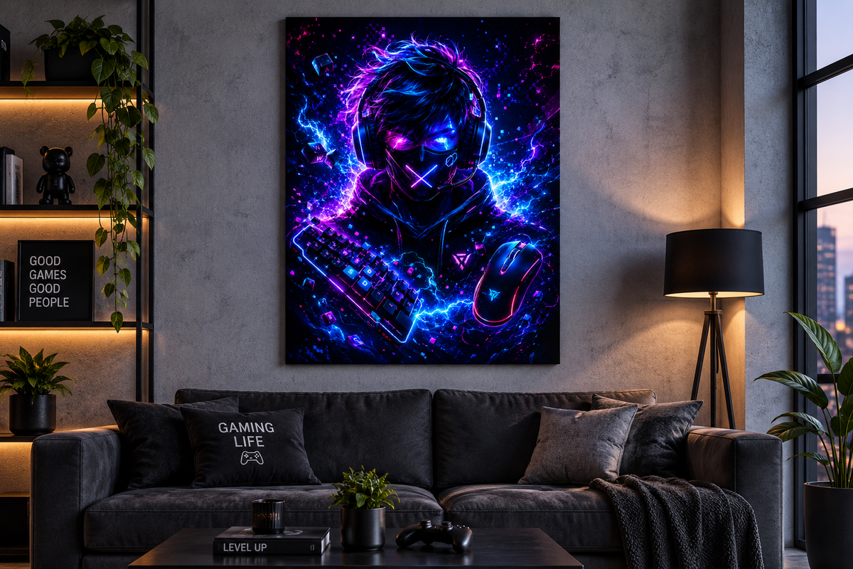 Cyber Gamer mit Headset – Neon-Leinwandbild, Produktansicht 3