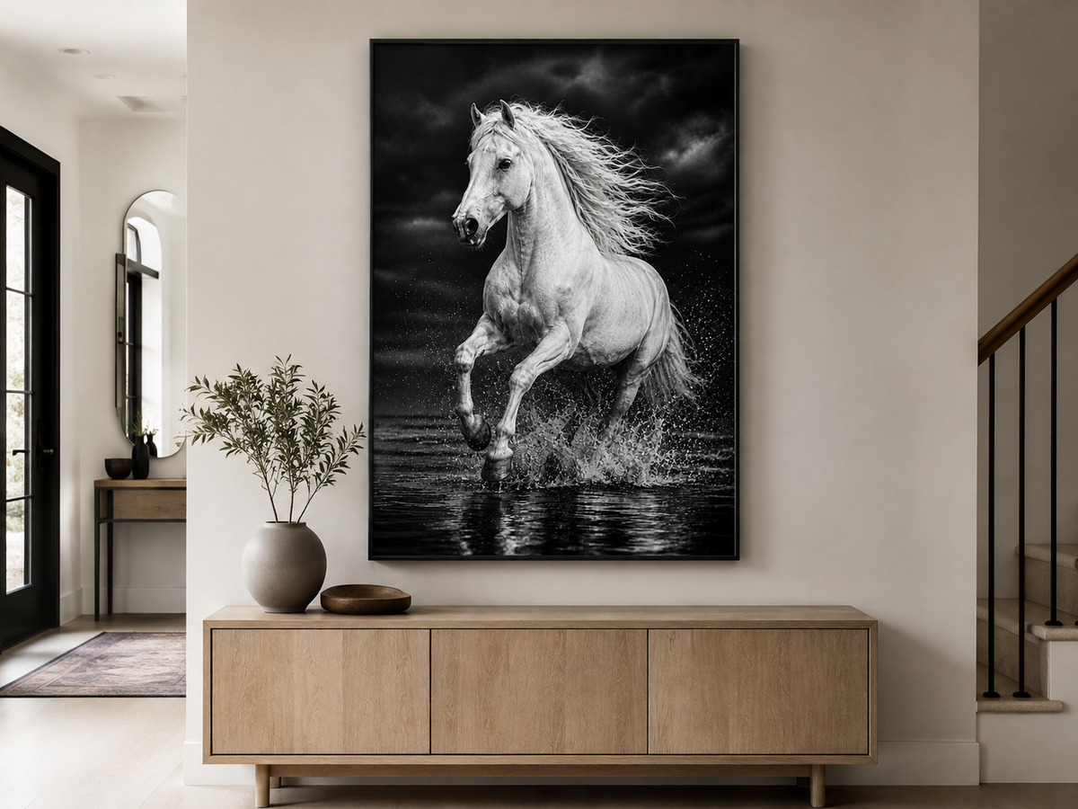 Weißes Pferd im Wasser – Schwarz-Weiß-Leinwandbild, Produktansicht 5