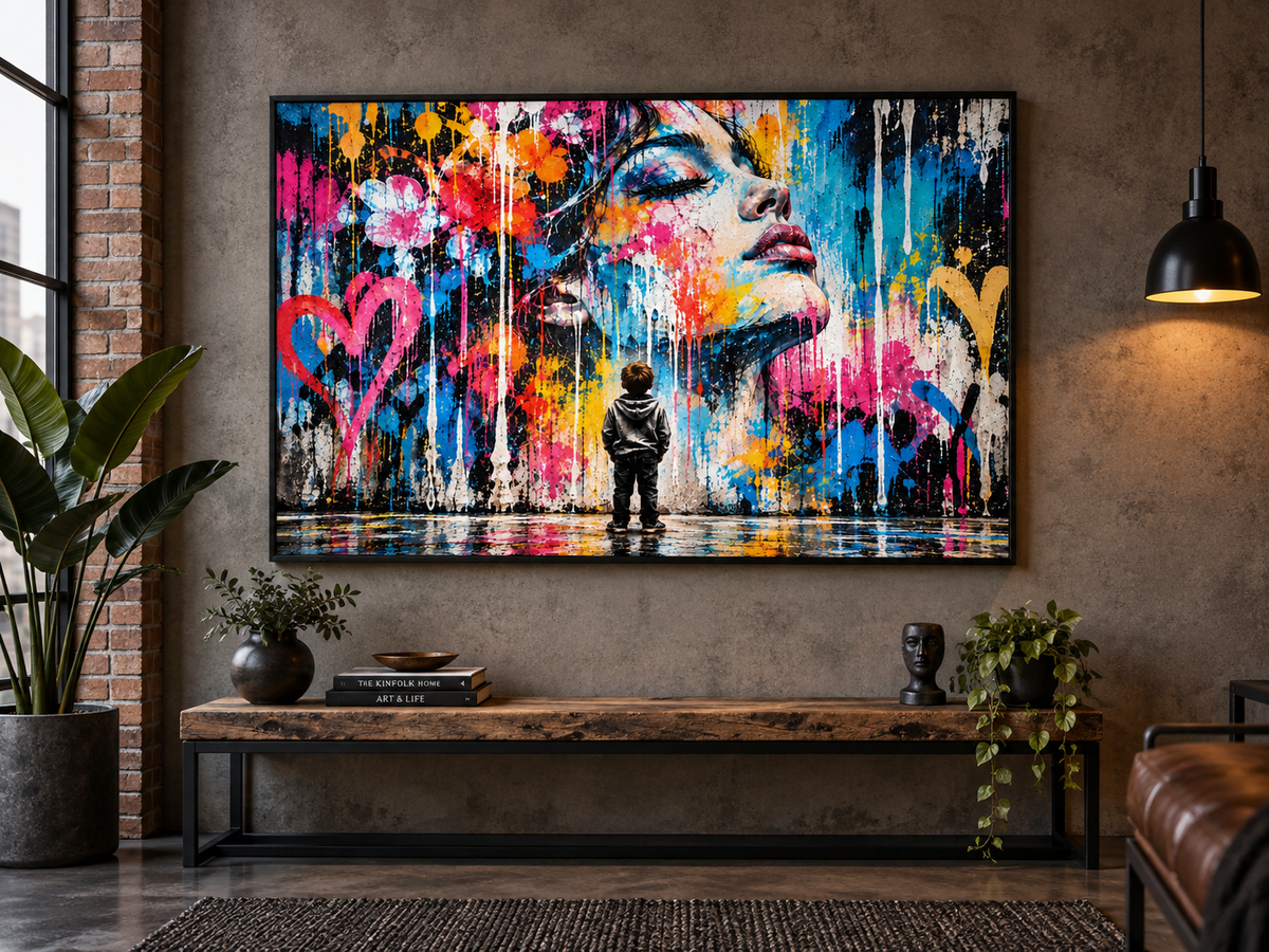 Street-Art Leinwandbild mit Kind und Frauenporträt – Produktansicht 11