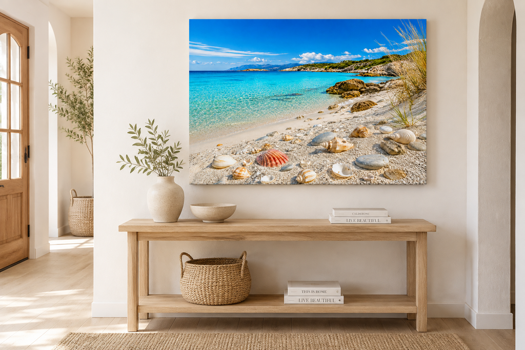 Muschelstrand mit türkisblauem Meer – Wohnraumansicht