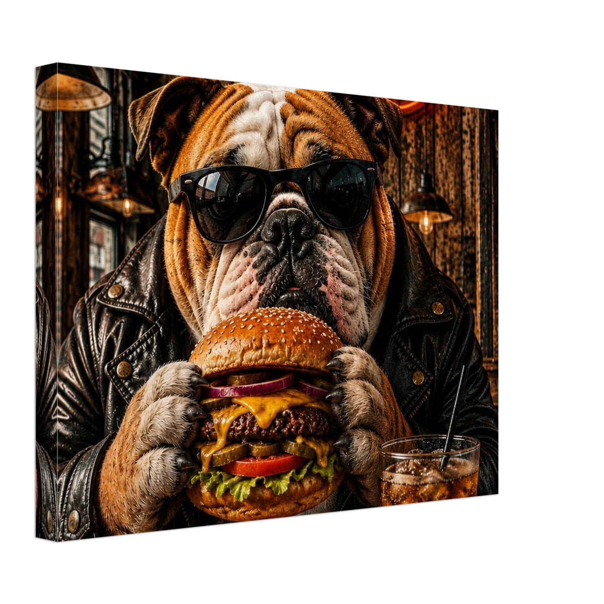 Bulldogge mit Burger und Pommes – humorvolles Leinwandbild, Produktansicht 2