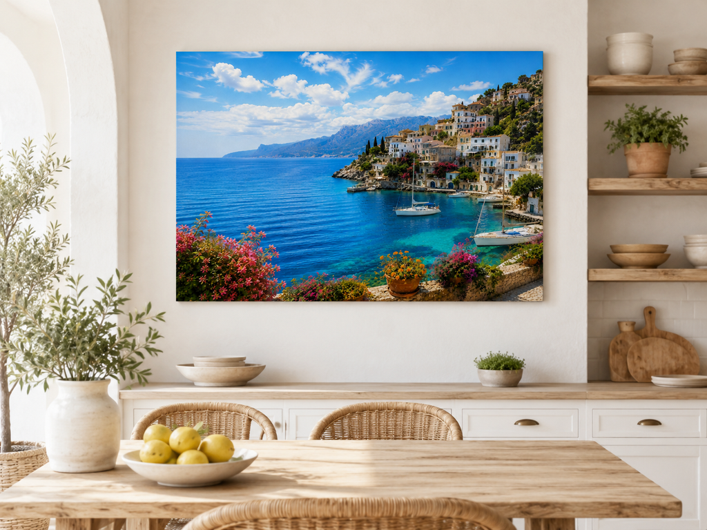 Mediterranes Küstendorf mit Segelbooten – Wohnraumansicht