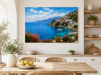Mediterranes Küstendorf mit Segelbooten – Wohnraumansicht