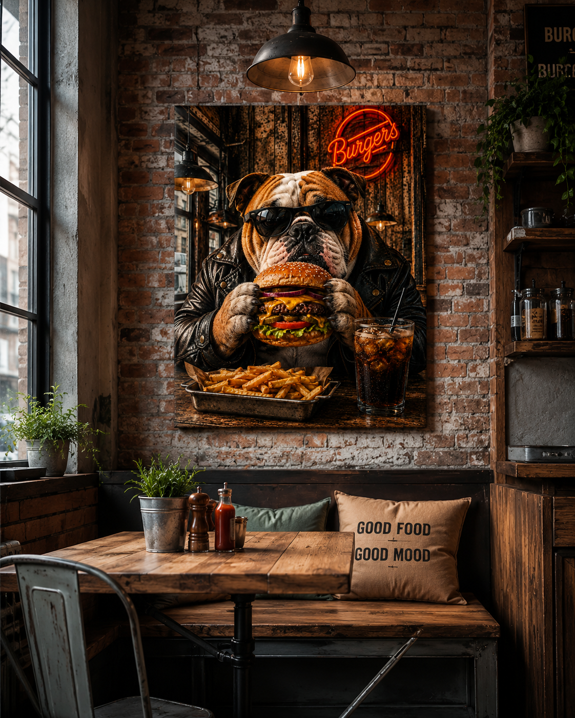 Bulldogge mit Burger und Pommes – humorvolles Leinwandbild, Produktansicht 3