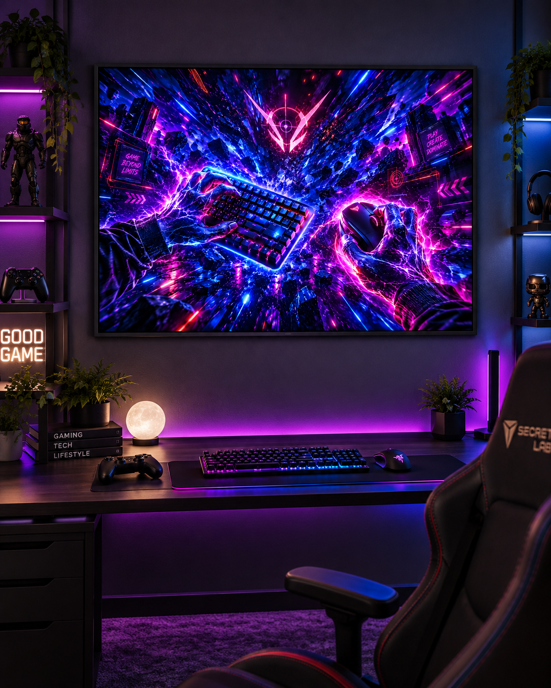Cyberpunk-Tastatur und Maus – Gaming-Leinwandbild, Produktansicht 4