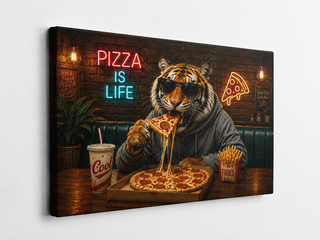 Tiger mit Pizza – humorvolles Leinwandbild, Produktansicht 3