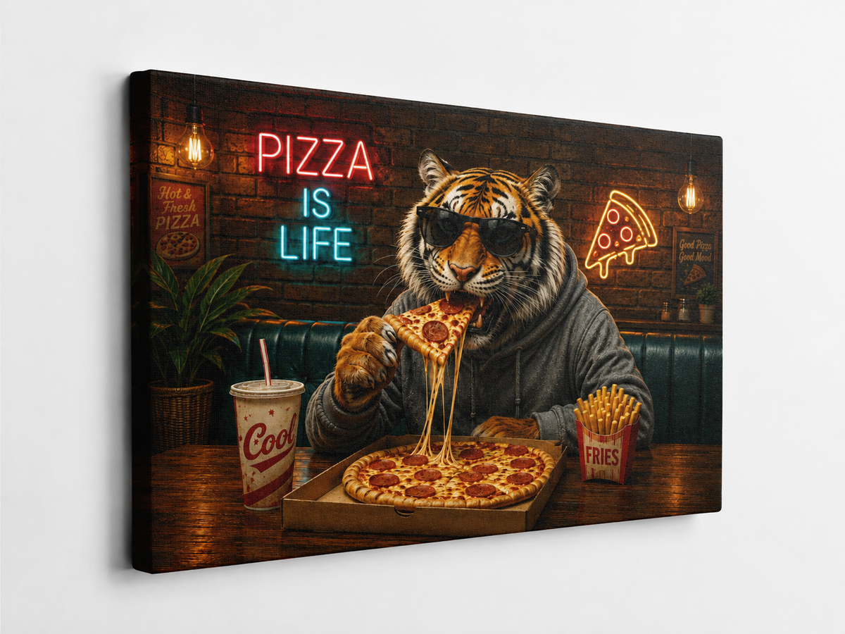 Tiger mit Pizza – humorvolles Leinwandbild, Produktansicht 3