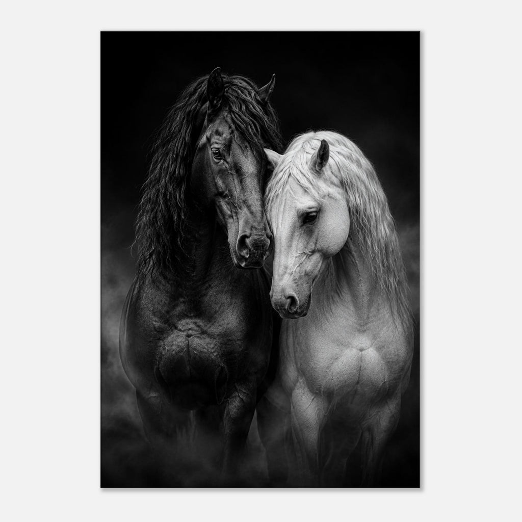 Schwarzes und weißes Pferd – Leinwandbild Pferdepaar
