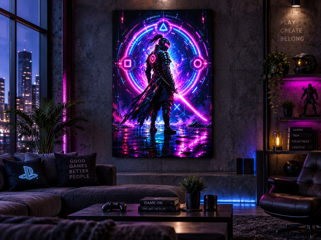 Cyber-Ninja im Neonportal – Gaming-Leinwandbild, Produktansicht 4