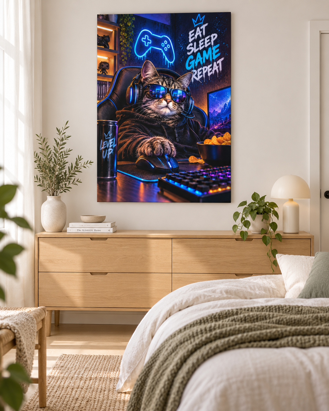 Gamer-Katze mit Headset – Neon-Leinwandbild, Produktansicht 4