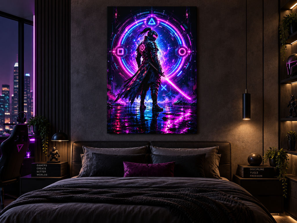 Cyber-Ninja im Neonportal – Gaming-Leinwandbild, Produktansicht 2