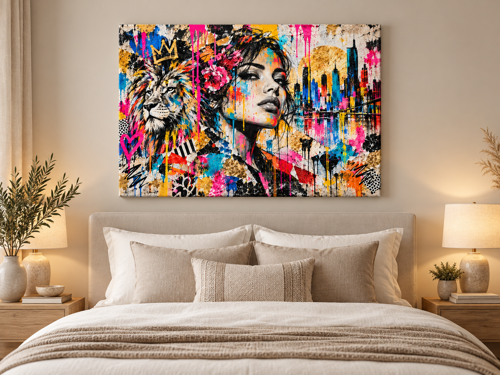 Street-Art Leinwandbild Löwe und Frau mit Skyline – Produktansicht 13