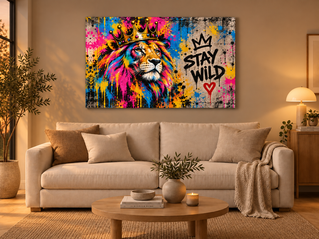 Bunter Löwe Stay Wild Leinwand – Produktansicht 11